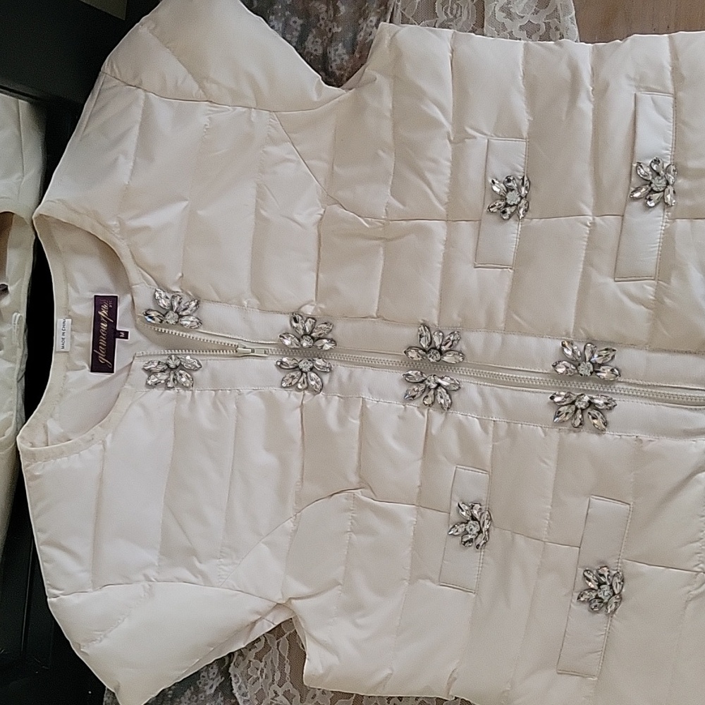 Glamourpuss NYC Size M (Medium) Embellished Cap Sleeve Puffer Vest